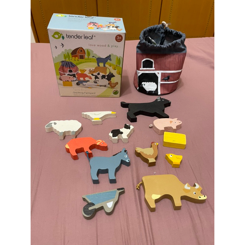 正版二手玩具 Tender Leaf 動物農莊收納組 十三件 農場動物 木製玩具 動物疊疊樂 感統 手眼協調 平衡玩具
