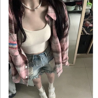 🌷臺灣出貨🌷粉色磨毛襯衫女高級感新款2023年秋季格子中長款寬鬆貼標長袖上衣外套 襯衫 百搭外套 上衣 女裝 格子外套