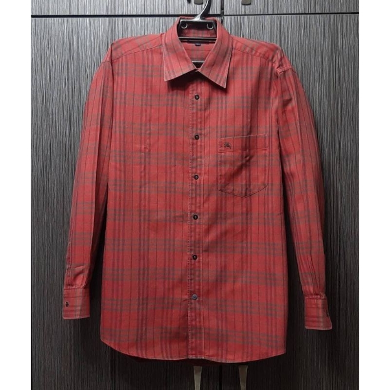 （日本製）正品BURBERRY博柏利 LONDON 男磚紅色格紋純棉長袖襯衫L