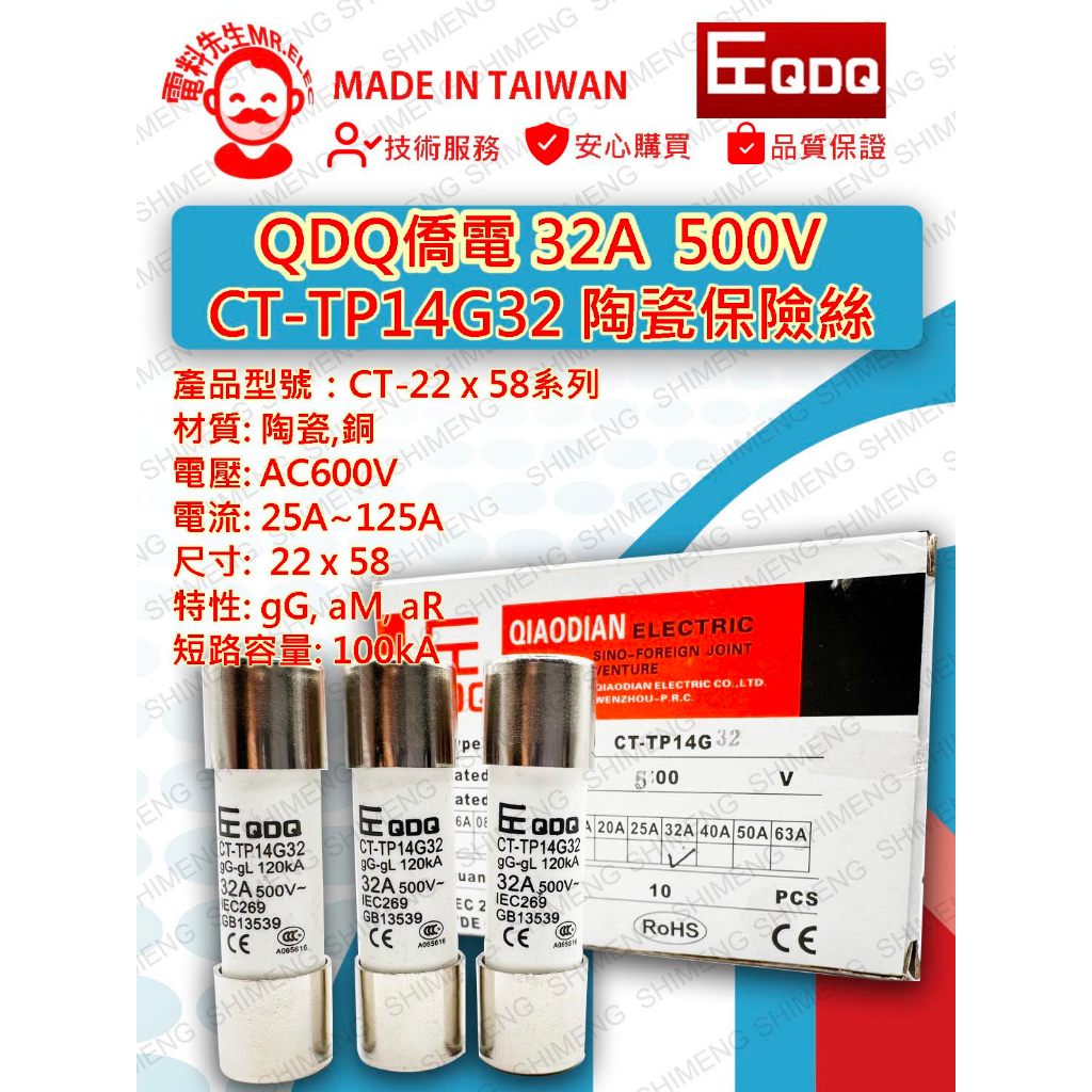 [電料先生 MR.ELEC］僑電 QDQ 圓柱形 陶瓷保險絲 跳脫指示 22*58系列 CT-TP14G32