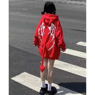 🌷臺灣出貨🌷原創高街百搭惡魔連帽衛衣女加絨加厚ins甜酷風印花尾巴拉鏈外套 上衣女 長袖衛衣 潮流 甜辣風 長版衛衣