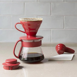 其里商行 Hario 樹脂濾杯壺組-紅 700ml 手沖咖啡 咖啡壺 濾杯 量匙 濾紙 套組