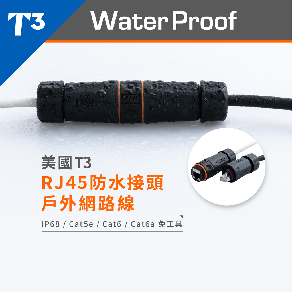 【★ 美國 T3 】● RJ45 防水接頭 戶外網路線 IP68 Cat5e Cat6 Cat6a ● 免工具