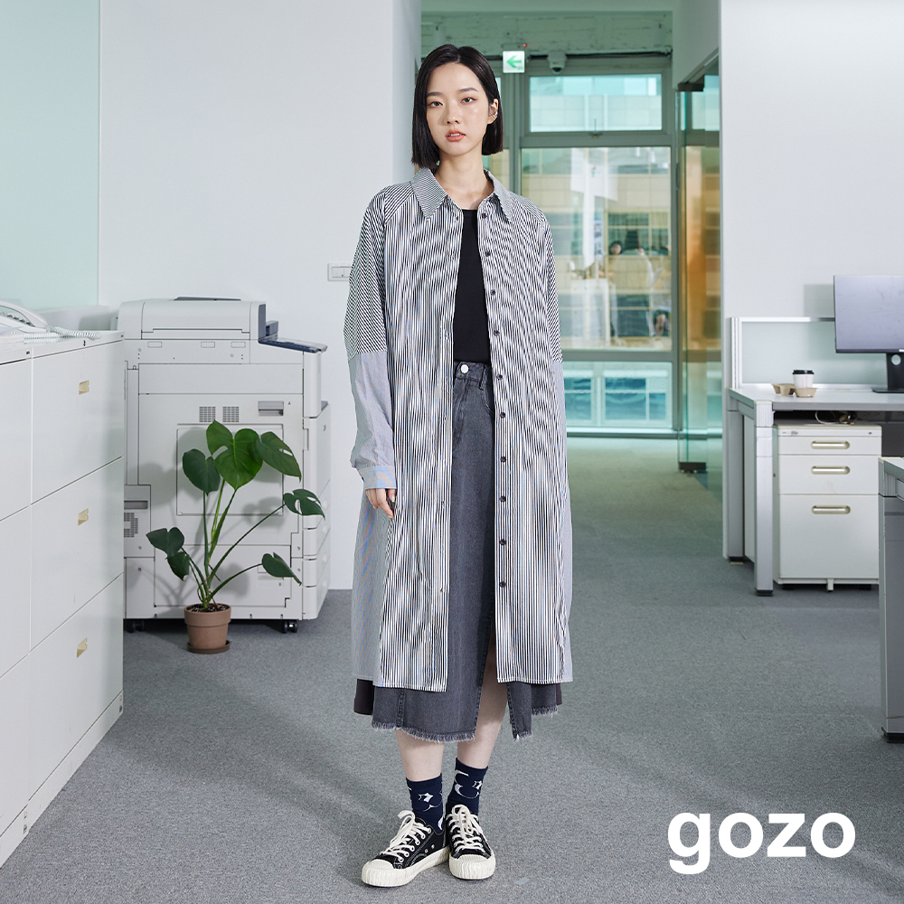 【gozo】條紋拼接拉克蘭袖襯衫洋裝(黑色/咖啡_F) | 女裝 顯瘦 百搭