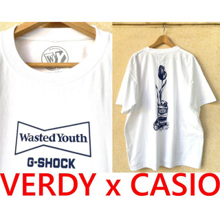 BLACK全新VERDY x CASIO跨界聯名G-SHOCK WASTED YOUTH電子錶罐頭花白色短T (藍色)