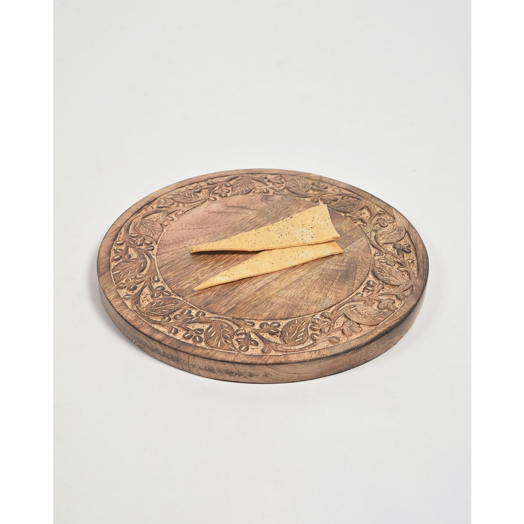 HOOMA印度花紋雕刻圓形木盤 麵包盤