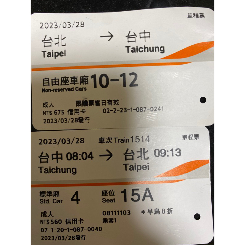 2023年3月28日台中到台北高鐵來回票根 高鐵票根 3/28使用過的票根