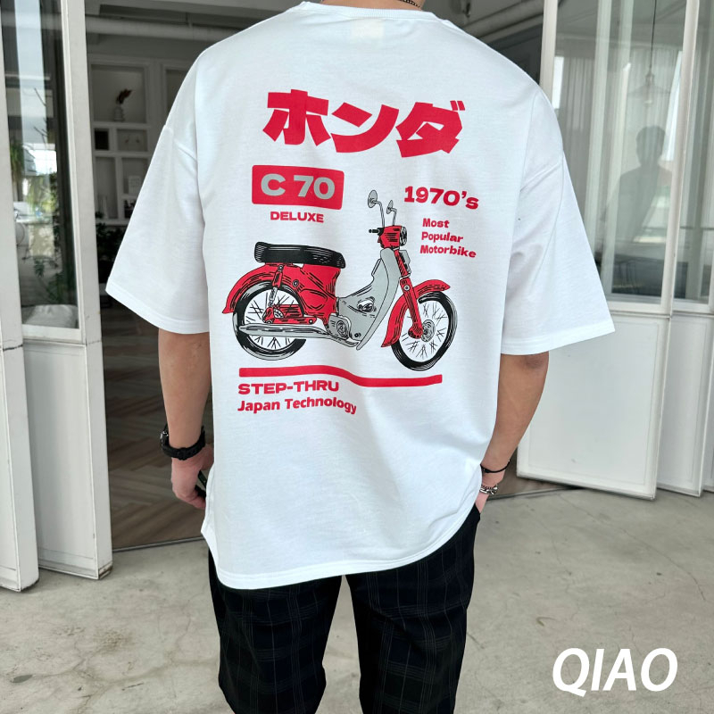 QIAO 韓國新貨 日本老機車 細絨棉 韓國哈日版  落肩 男友衣 情侶 上衣 短T 短袖 五分T 落肩T 寬鬆 日系