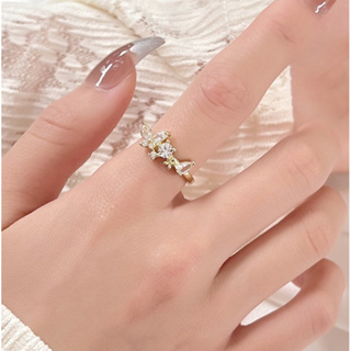 水晶蝴蝶戒指 花朵鑲鑽指環 流行元素輕奢華開口戒指 可調節戒指