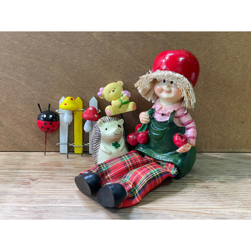 ［二手］盆栽裝飾小物：蘋果布腿娃娃、刺蝟、小熊、瓢蟲、圍籬、蕈菇*2