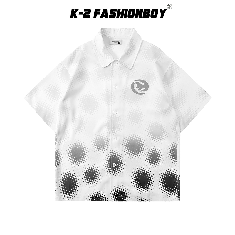 【K-2】RECNOSION 漸層感 圖騰 LOGO 短袖襯衫 立領 造型襯衫 穿搭 男女不拘 帥氣 K2【AW09】