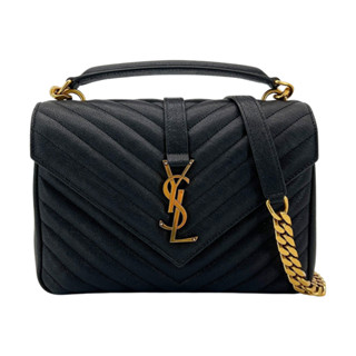 YSL 仿舊金logo手提/斜背兩用學院包-中(600279-黑)