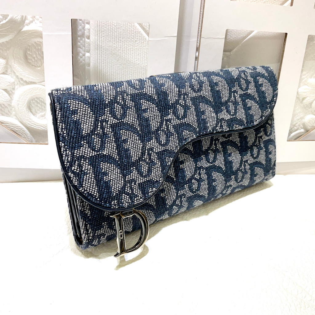 二手旗艦 Dior 迪奧 全新 藍色 經典緹花 掀蓋 對開 14卡 長夾 皮夾(公益店)26540
