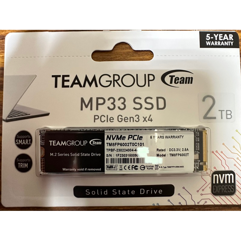 全新TeamGROUP Team  十銓 MP33 2TB M.2 PCIe 固態硬碟(購自MOMO)