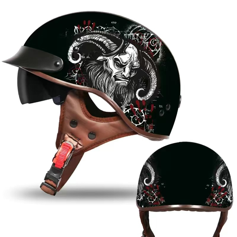 復古哈雷半盔安全帽 艾獅越野騎行帽 夏季戶外帶伸縮内鏡 安全帽 騎行四季可用 高級安全内襯