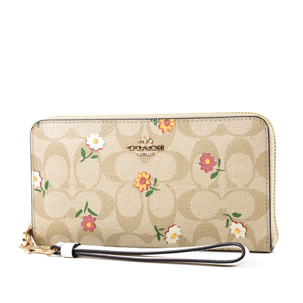 COACH 花朵緹花LOGO手掛式拉鍊長夾-白色【美國正品 現貨】