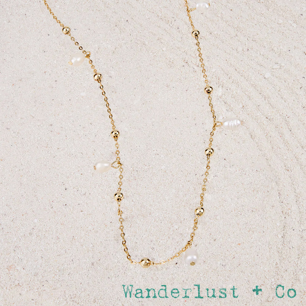 Wanderlust+Co 澳洲品牌 75cm 金色長項鍊X身體鍊 金色豆豆X白色珍珠 To The Sea