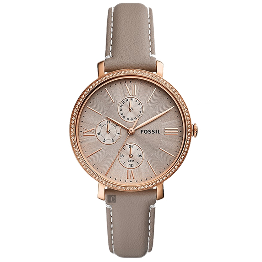 FOSSIL Jacqueline 優雅晶鑽三眼皮帶錶-卡其色38mm (ES5097)