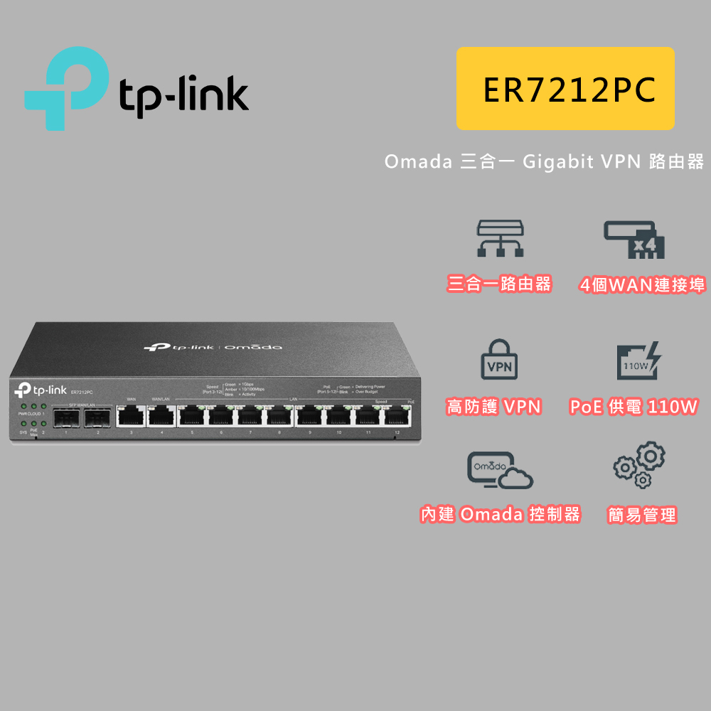 TP-LINK ER7212PC Omada 三合一 Gigabit VPN 路由器 PoE供電