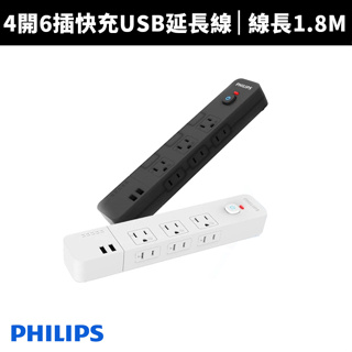 【Philips 飛利浦】 4開6插雙USB延長線可壁掛隱藏式開關3孔延長線扁頭延長線 安全防火(CHP4760)