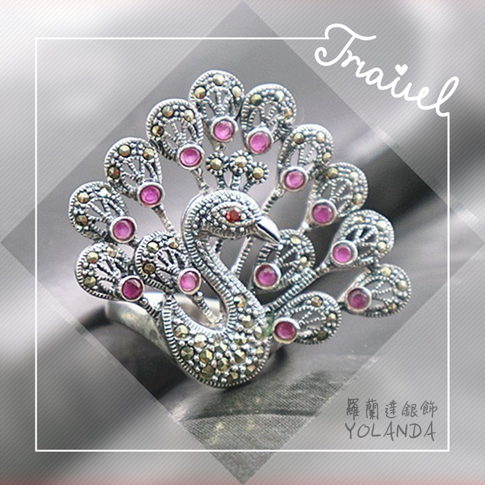 【羅蘭達銀飾】925純銀戒指 天然紅寶石 石榴石 可做圍巾裝飾 一款兩用 孔雀華麗造型