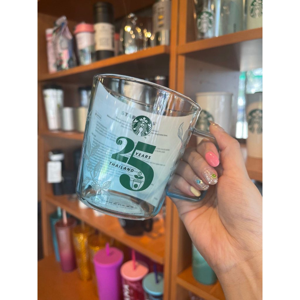 Starbucks官方正品！泰國星巴克25週年紀念限定355ml冷變玻璃杯咖啡杯帶手柄果汁珍奶茶奶昔茶水杯
