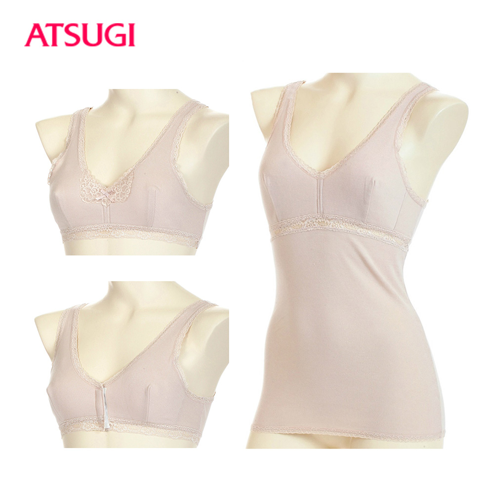 日本 ATSUGI 女純棉 無鋼圈蕾絲胸罩/長版背心內衣 前扣式 四季皆宜 蠶絲蛋白 舒適親膚