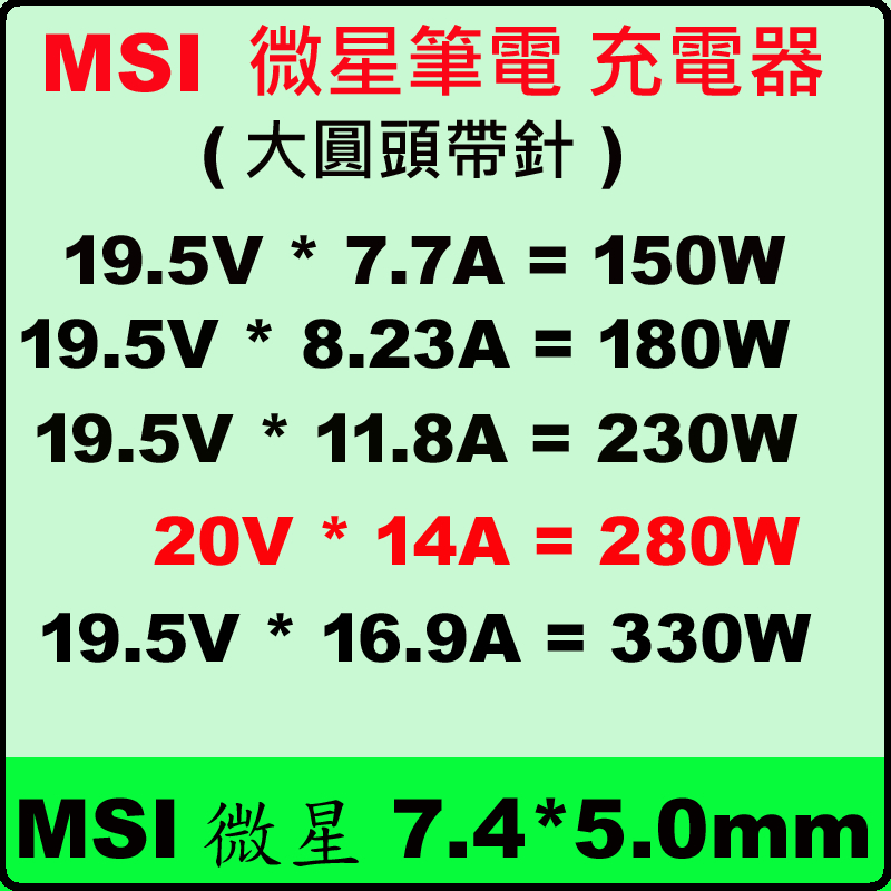 全新 群光 原廠變壓器 20V 14A 280W MSI 大頭帶針 GT62VR GE73 GL63 GL65 GL75