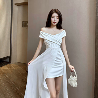 【三重現貨】四色S-L一字領長款禮服雪紡拼接禮服 主持人年會直播服裝夜店低胸爆乳緊身 連身裙 性感洋裝 度假聚會
