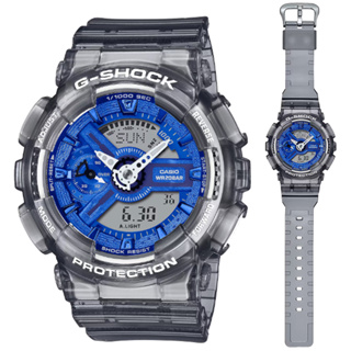 【CASIO 卡西歐】G-SHOCK 半透明灰 時尚金屬藍色風格雙顯錶(GMA-S110TB-8A 世界時間)