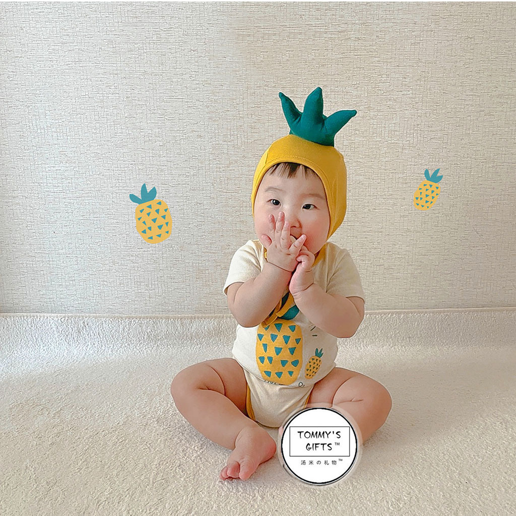 嬰幼兒短袖包屁衣 鳳梨造型印花嬰兒包屁衣(含帽子)