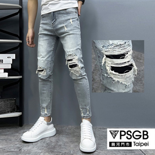 PSGB Taipei -J-0836 破褲腳黑布窄褲 -個性型男-牛仔褲-牛仔長褲-丹寧-破洞-街頭潮流-現貨