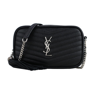 YSL V字縫線魚子醬牛皮金屬LOGO流蘇相機包(銀X黑)｜100%原廠真品｜JS Maxx官方旗艦館