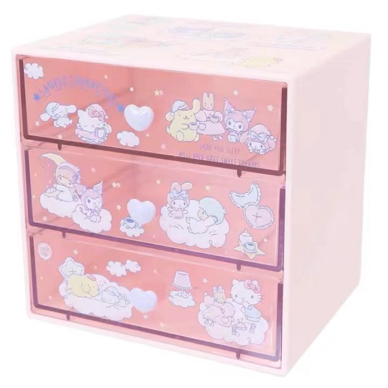 日本進口大耳狗 雙子星 kitty 美樂蒂 庫洛米家族 桌上型三抽收納盒 抽屜式壓克力收納架 化妝品收納架 文具整理盒