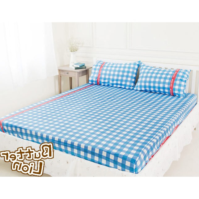 【奶油獅】格紋系列-台灣製造-100%精梳純棉床包三件組(藍)－雙人加大6尺