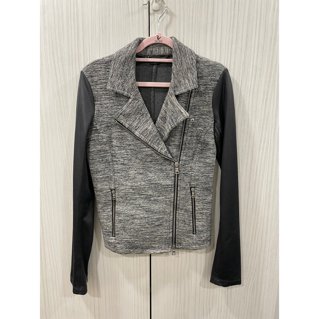 [二手商品］Armani Exchange灰色異材質拼接黑色皮革西裝式合身外套