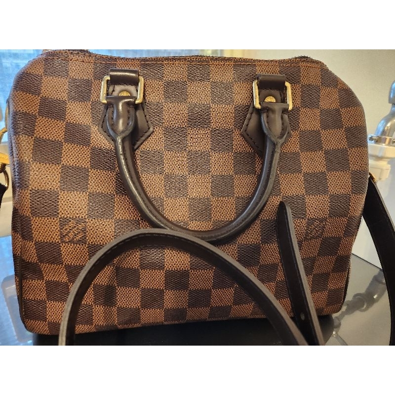 ＜不議價＞Louis Vuitton路易威登 Damier Ebene Speedy 25 棋盤格紋背帶(N41368)