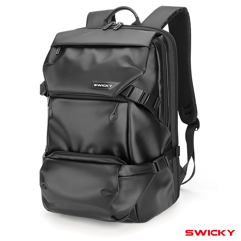 SWICKY~ 二件式時尚雙肩電腦後背包 腰包 減壓透氣背墊 商務包(黑)