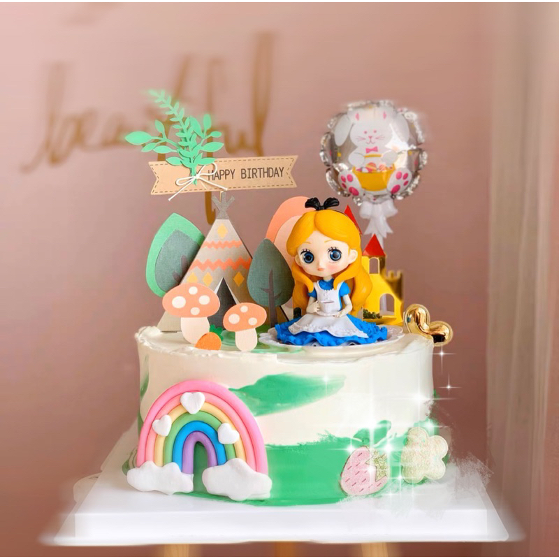 🎀現貨🌳愛麗絲森林夢境氣球彩虹蛋糕裝飾套組🐰DIY插旗PVC公仔插牌🎠🎂