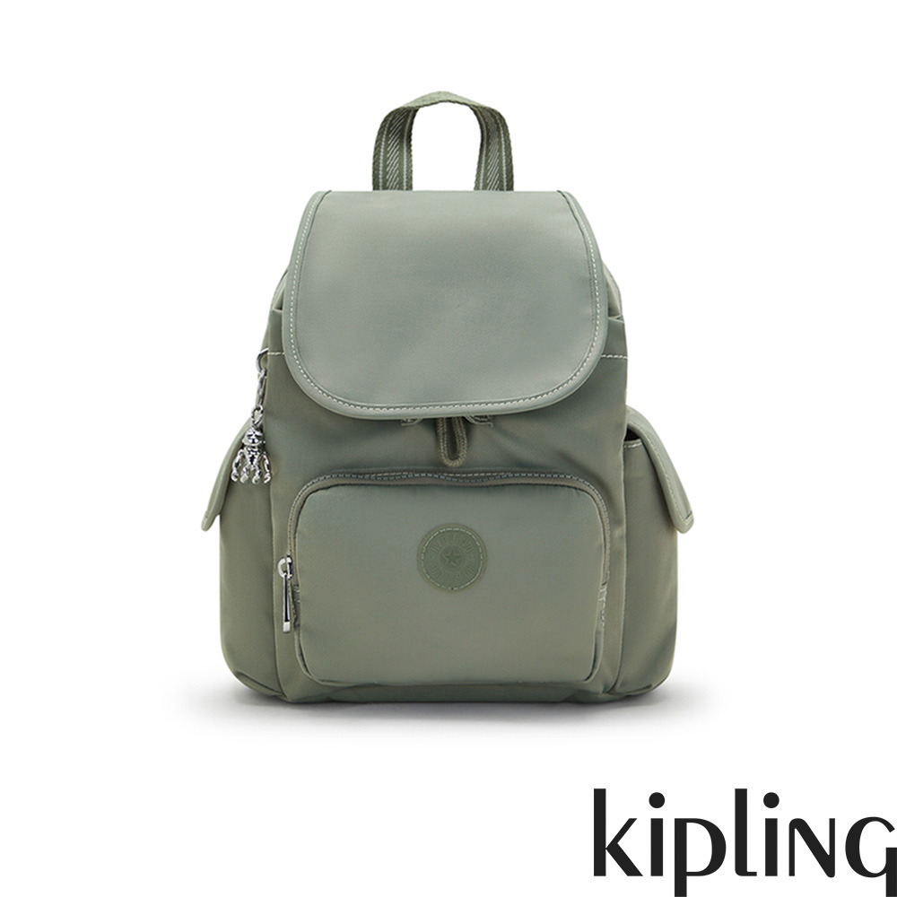 【TEST舊品】Kipling『猴子包』竹青綠壓紋拉鍊掀蓋後背包-CITY PACK MINI