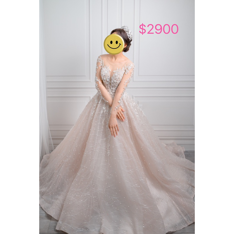 二手婚紗禮服～類白沙～粉色～蕾絲珍珠～澎裙