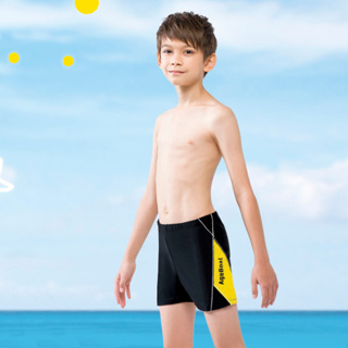 梅林泳裝 男童黑色黃色塊車邊印字四角泳褲 NO-M0212