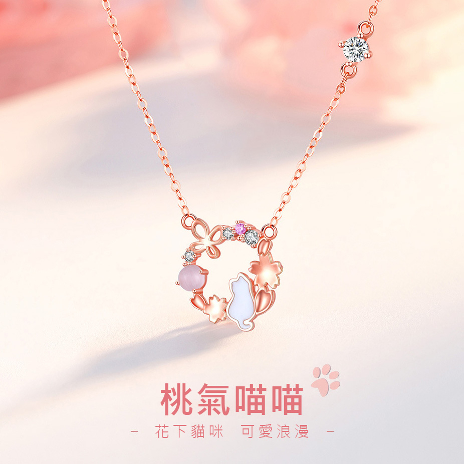 S925桃花貓項鍊 動物項鍊 貓咪項鍊 銅項鍊 鎖骨鍊 銀項鍊