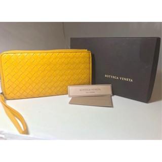 Bottega Veneta 經典小羊皮革編織拉鍊長夾(芥末黃)