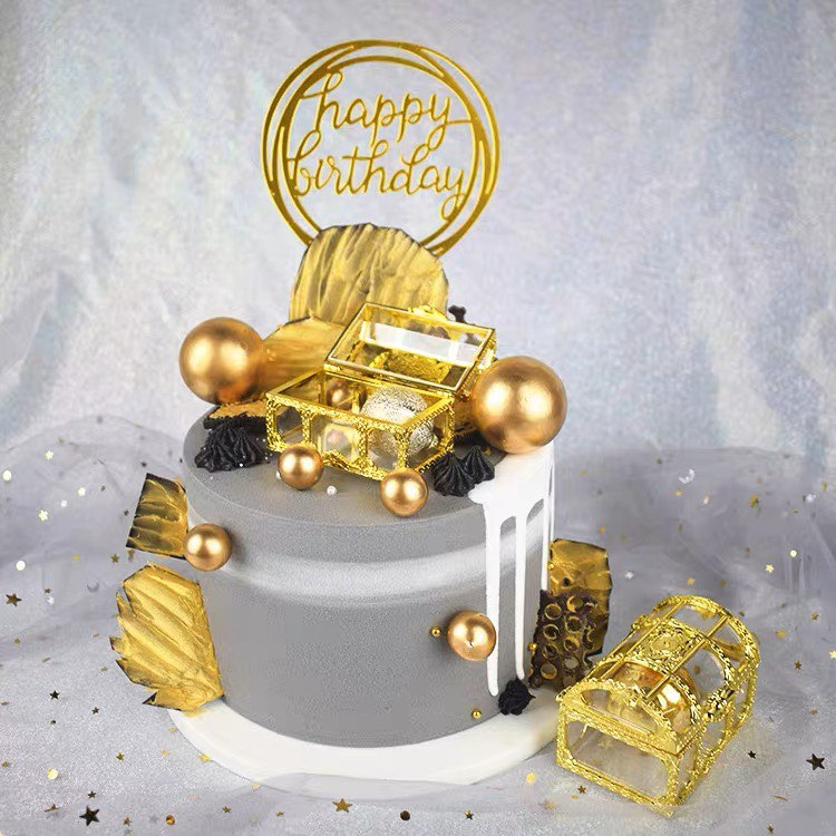 🌸高雄現貨🌸爆富裝飾品 金色透明百寶箱 迷你百寶箱 黃金箱 蛋糕裝飾 烘焙 婚禮小物 金莎甜點包裝盒 藏寶箱