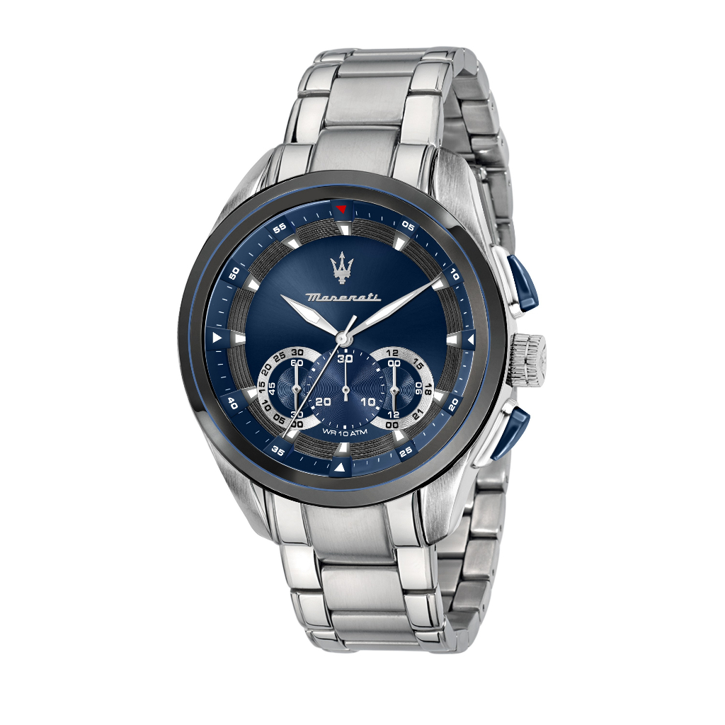【2年國際保修】瑪莎拉蒂Traguardo 45mm 男士銀色鋼帶計時石英腕錶 -R8873612014 -(日本機芯)
