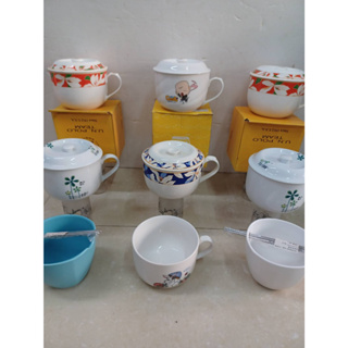 早期陶瓷湯杯泡麵碗日式和風泡麵杯蓋碗情侶陶瓷碗.2入早期進口泡麵杯蓋碗