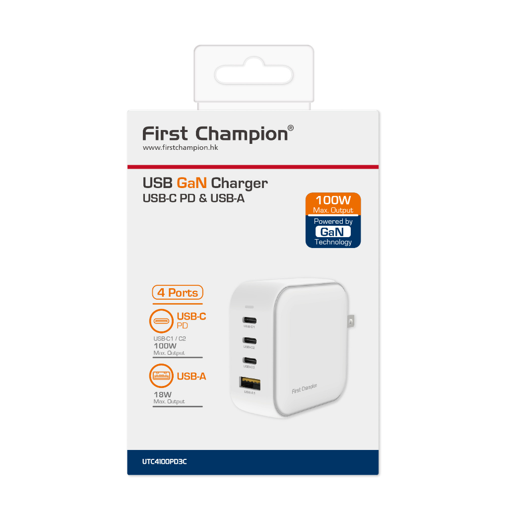First Champion 100W USB-C GaN 充電器 - UTC4100PD3C (加送C to C線)