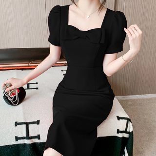 衣時尚 洋裝 連身裙 收腰洋裝S-XL復古小紅裙夏季法式高級感蝴蝶結收腰直筒連身裙T605-6891.