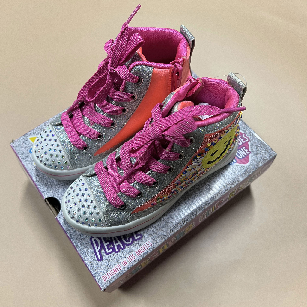 ［出清品］《布布童鞋》SKECHERS_TWI_LITES2.0_亮片圓形笑臉桃銀色兒童運動鞋